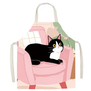 Cute cat print kitchen apron detail, comfortable fabric anti-fouling cooking smock.