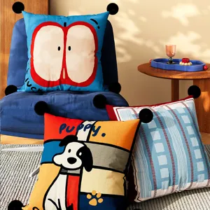 Cartoon Throw Pillow Cover Cute Animal Geometric Printed Cushion Case with Black Pom Poms for Sofa Bed Living Room