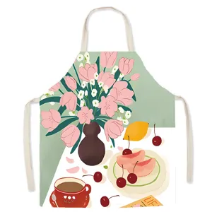 Cute kitchen apron with artistic tulip and fruit print, comfortable cotton fabric for cooking baking.