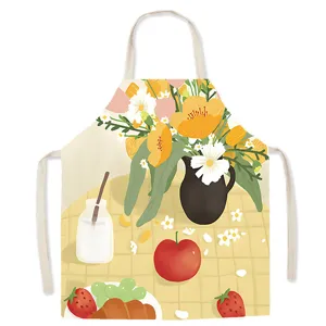 Cute kitchen apron detail, floral illustration print, anti-fouling cotton linen smock for cooking.