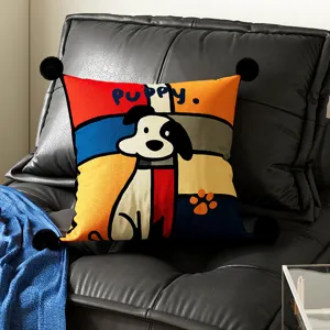 Colorful Bauhaus cartoon puppy throw pillow with black pom-poms for cozy sofa home decor.
