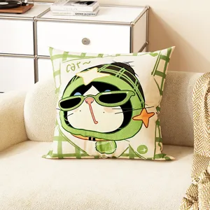 Joli coussin chat de dessin animé à carreaux verts, coussin de canapé doux pour le salon.