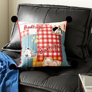 Cute Bauhaus style square throw pillow with black pom poms, cartoon animal print for sofa.