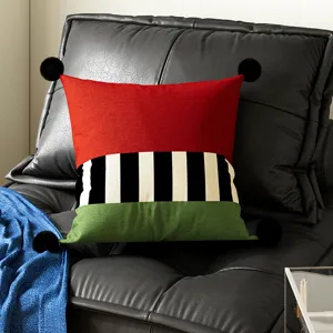 Bauhaus style color block throw pillow with pom poms for living room sofa bedroom decor