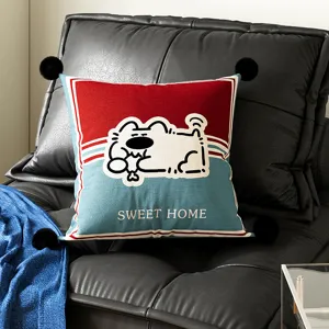 Cute Bauhaus style throw pillow cover with cartoon animal graphic and pom poms for living room sofa.