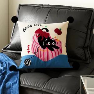 Cute black cat print throw pillow with pom poms for living room sofa cushion decor.