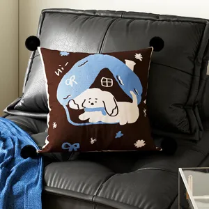 Brown cartoon dog throw pillow with cute house pattern and black pom pom for sofa.