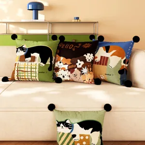 Cute cartoon pet throw pillow with fluffy pom-poms for living room sofa bedroom decor.