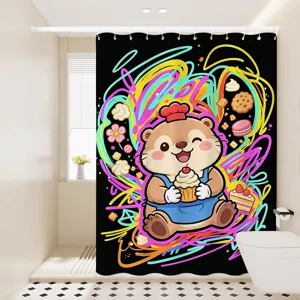 Waterproof bathroom shower curtain with cute cartoon otter and colorful doodle design for home