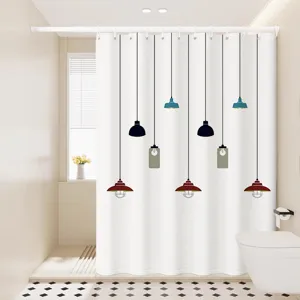 Cortina de ducha impermeable moderna con patrón de lámparas colgantes, tela duradera.
