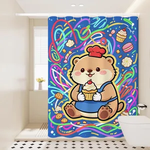 Waterproof cute cartoon bear shower curtain for modern bathroom decoration and space partition.