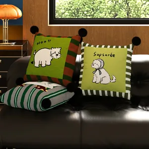 Cartoon Cute Animal Pattern Throw Pillow Cover Decorative Square Cushion With Black Pom Poms For Living Room Sofa Bed