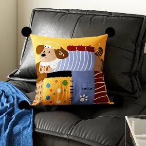 Cute cartoon dog print throw pillow with black pom poms for living room sofa cushion cover