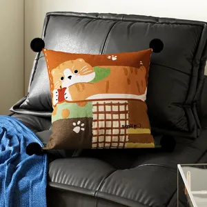 Cute cartoon cat throw pillow with pom poms decorative square cushion sofa living room decor