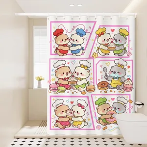 Waterproof shower curtain featuring cute cartoon bears baking design for bathroom decor.