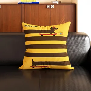 Mid-century dachshund cushion for sofa, striped pillow cover with cute skateboard dog print.