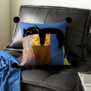 Cartoon black cat throw pillow cover, cute abstract design soft cushion for sofa.