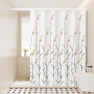 Cortina de ducha minimalista con estampado de cañas, detalle de cortina de baño.
