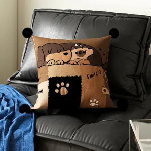 Cute cartoon puppy print throw pillow with black pom pom corners for cozy living room sofa decor.