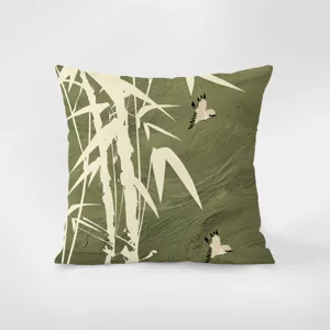 Chinesischer Stil Bambus und Vogel Muster Kissenbezug fuer Sofa Dekokissen im Wohnzimmer.