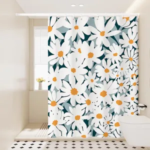 Cortina de ducha impermeable con elegante estampado de margaritas blancas para la decoración del baño.