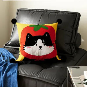 Cute cartoon cat tomato throw pillow cover sofa cushion with pom pomss decorative.