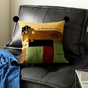 Cute cartoon dachshund throw pillow with black pom poms for living room sofa bedroom