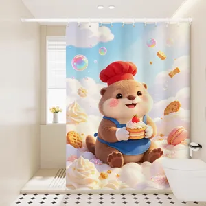 Scene detail of the cute otter waterproof shower curtain hanging in a bright modern bathroom.