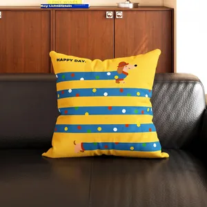 Vintage dachshund throw pillow with colorful stripes and cute polka dots for living room sofa.