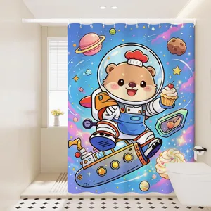 Waterproof shower curtain for bathroom, cute space bear cartoon design, anti-mildew fabric.