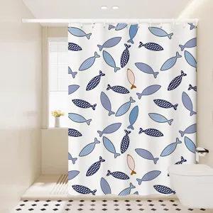 Cortina de ducha impermeable con bonito patrón de peces azules para la decoración del baño.