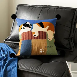 Cute cartoon calico cat decorative throw pillow with black pom-poms for living room sofa home decor.