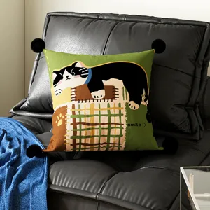 Cute cartoon cat plush throw pillow with pom poms for living room sofa bedroom decor.