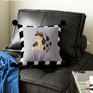 Decorative throw pillow with cute cat and mushroom print, black white check border.