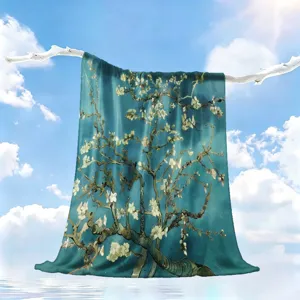 Summer Van Gogh almond blossom ice silk blanket, cooling air conditioning thin throw for bed.
