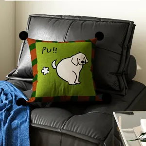 Cute green cartoon dog throw pillow with black pom poms for living room sofa cushion.