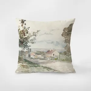 Gros plan sur la housse de coussin d'art paysager aquarelle vintage en velours doux.