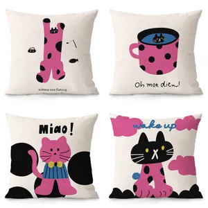 Cute Cartoon Cat Print Square Pillow Cover Plush Decorative Cushion Case For Sofa Living Room Bedroom Office Home Decor
