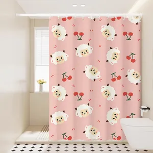Close-up of cute cartoon sheep and cherry print shower curtain in modern bathroom setting.