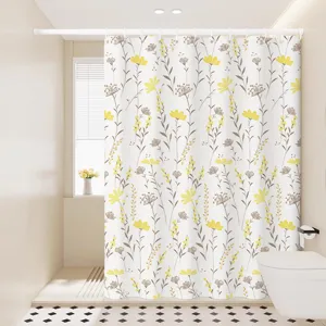 Close up of yellow and grey botanical floral shower curtain, waterproof fabric in bathroom.