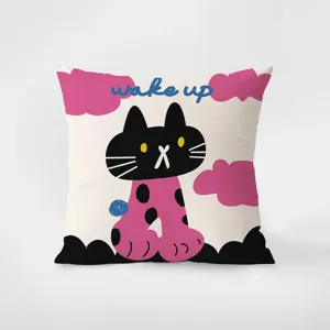 Close-up detail of the cute cartoon black cat and pink clouds printed on soft cushion cover.
