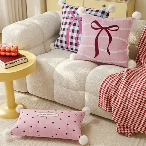Cute bow throw pillow decorative cushion with pom poms for living room sofa bedroom