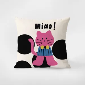 Cute cartoon cat pattern square pillow detail, featuring cute pink kitty with blue striped shirt.