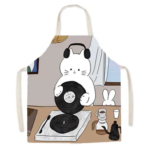 Cute cat DJ illustration detail on kitchen cooking apron featuring comfortable neck strap design.