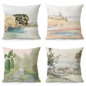 Housse de Coussin en Peluche Art Rétro Nordique Paysage à l'Aquarelle Housse de Coussin Décorative pour Salon Canapé Décoration