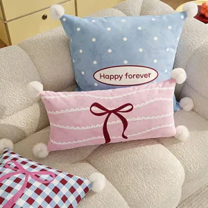Cute decorative throw pillow with pom poms, soft plush cushion for sofa bedroom living room.