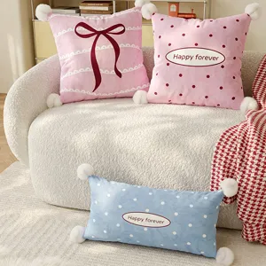Cute decorative throw pillows with pom pom accents, cozy couch cushion cover for home living room decor