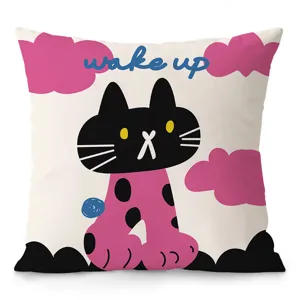 Cute cartoon cat square throw pillow case with pink polka dots and clouds, soft home decor.