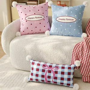 Cute Bowknot Polka Dot Plush Throw Pillow Cartoon Soft Cushion With Pom Poms For Living Room Sofa Bedroom Bedside Home Decor