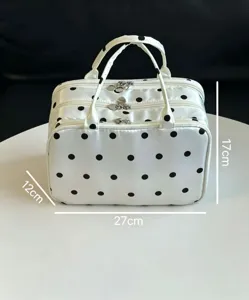 Borsa cosmetica a pois bianchi a triplo strato organizzatore per il trucco portatile